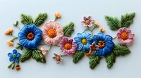 Colorful floral composition with blue and pink dimensional flowers and green leaves on light background, perfect for greeting cards and decorative design projects.