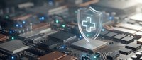 Digital security shield with medical cross icon floating above computer circuit board representing healthcare data protection and cybersecurity technology.