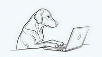 Dachshund dog working on laptop computer in minimalist line art style for business and technology concepts.