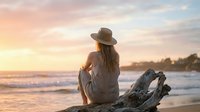 Young woman in hat sitting on driftwood watching ocean sunset with peaceful waves and golden sky creating serene coastal meditation moment for wellness content.