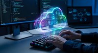 Professional developer working on cloud computing technology with holographic interface displaying data security and network connectivity in modern office environment.