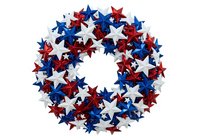 Patriotic star wreath with red, white and blue metallic stars arranged in circular formation, isolated on white background for holiday decorations and festive design projects.