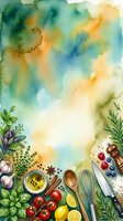 Watercolor cooking background with fresh ingredients, herbs, spices, and kitchen utensils arranged on white space, ideal for recipe blogs, culinary websites, and food-related design projects.