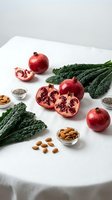 Fresh pomegranates with kale leaves and almonds arranged on white table for healthy eating and nutrition concepts.