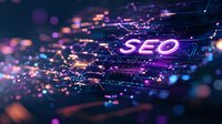 Glowing SEO text on abstract digital network background with purple and orange bokeh lights creating futuristic technology visualization for marketing concepts.