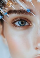 Close-up of blue eye with medical syringes and needles around eyebrow area showing cosmetic procedure concept for aesthetic medicine and beauty industry.