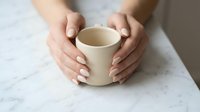 Female hands gently holding warm ceramic mug on marble surface, cozy morning coffee break moment, comfort and relaxation concept for lifestyle design.
