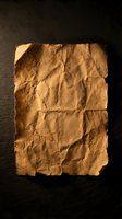 Aged crumpled brown parchment paper with torn edges and wrinkled texture on dark background for vintage design projects and antique document mockups.