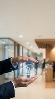 Businessman in dark suit holding glowing cloud security icon with padlock symbol and digital data particles between hands in modern office lobby, representing cybersecurity and data protection.