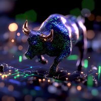Glowing bull figurine with circuit pattern on dark background surrounded by bokeh lights and reflective surface, representing financial technology and market trends.