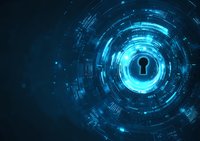 Glowing blue digital keyhole surrounded by futuristic circular interface elements and technology patterns on dark background, representing cybersecurity and data protection.