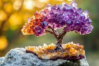 Handcrafted crystal tree sculpture with purple amethyst crown and amber base on natural stone, against soft bokeh background, showcasing artisanal gemstone craftsmanship.