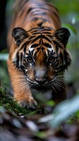 Young tiger cub with striking orange and black stripes gazing directly at camera in lush green jungle habitat with moss-covered rocks and tropical foliage.