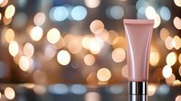 Pink cosmetic tube on blurred bokeh background with golden and blue lights, luxury skincare product presentation for beauty and cosmetics industry.