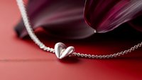 Elegant silver heart pendant necklace on red background with dark burgundy tulip, symbolizing love and romance for jewelry advertising.