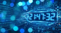 Digital clock display showing time 21:41:32 in futuristic cyber environment with binary code streams and circuit board patterns for technology concepts.