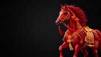 Red wooden carousel horse with ornate golden decorations and harness rearing up against dark background for vintage carnival and nostalgic designs.