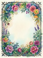 Watercolor floral frame with roses, peonies, and lavender in pink, purple, and blue tones, with ornate border and blank center for text.