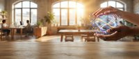 Hands holding glowing digital network sphere with connected nodes in modern office workspace with warm sunlight streaming through arched windows.