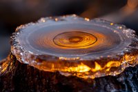 Frozen lake surface with glowing sunset light creating circular pattern in ice. Natural winter phenomenon shows concentric rings illuminated from below.