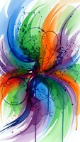 Abstract watercolor burst with vibrant rainbow colors and geometric symbols creating dynamic radial composition for creative design projects.