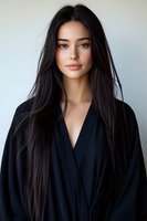 Young Asian woman with long dark hair wearing black wrap dress looking directly at camera against light background. Natural makeup and serene expression.
