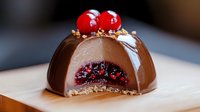 Chocolate dome dessert with glossy mirror glaze, topped with fresh cherries and gold crumbs, revealing berry filling inside on wooden surface, cut to show texture.