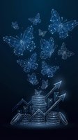 Digital wireframe butterflies emerging from growing coin stacks with upward arrows on dark blue background representing financial growth and transformation.