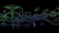 Medical healthcare concept with caduceus symbol, DNA helix, pills and heartbeat line on dark background for pharmaceutical design.