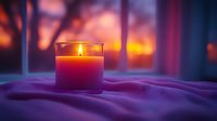 Glowing candle in glass jar on purple fabric against window at sunset creates cozy atmospheric scene with warm orange light and bokeh effect.