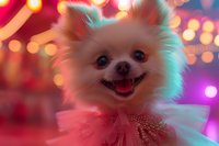 Happy white Pomeranian dog wearing pink tulle collar against colorful bokeh background, smiling with tongue out. Fest.