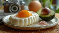 Sunny side up egg on white butter pat with pink salt and fresh avocado half on rustic ceramic plate, morning breakfast composition with soft natural lighting.