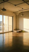 Empty loft apartment interior with polished concrete flooring, industrial pendant lights, and glass doors opening to balcony with city views. Warm natural sunlight floods the minimalist space.