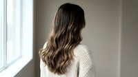 Young woman with long wavy brown hair wearing cream sweater standing by window in modern interior for lifestyle and fashion concepts.