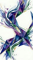 Watercolor geometric crystals with flowing ribbons in purple blue green tones on white background. Abstract mineral gems with organic swirls for modern design.