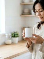 Middle-aged Asian woman holding blank white mug in modern kitchen with wooden countertop and potted plant, ideal for beverage, lifestyle and product mockup designs.
