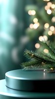 Pine branch on round metallic podium against blurred bokeh lights background in soft turquoise tones, creating festive winter holiday atmosphere.