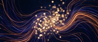 Abstract flowing waves of deep blue and gold with glowing particles swirling through dynamic curves, creating an elegant motion effect suitable for backgrounds, presentations, and digital design projects.