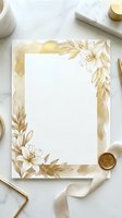 Elegant gold watercolor floral frame with lily flowers and leaves on white background for wedding invitations and luxury stationery design.