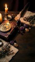 Mystical witchcraft altar with ancient spellbook, burning candle, quill pen, amethyst crystals and dried herbs on dark wooden table for occult practices.