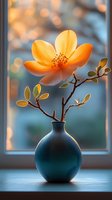 Glowing orange blossom in dark blue ceramic vase against window with soft bokeh background, creating serene minimalist composition with natural light.