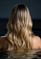 Back view of woman with long wavy blonde balayage hair partially submerged in dark water, creating dramatic contrast between wet and dry strands.