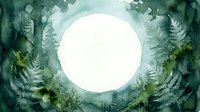 Watercolor fern leaves frame with white circle space for text or logo on green botanical background for natural design projects.