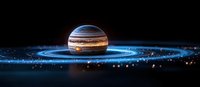 Majestic gas giant planet surrounded by glowing blue rings and stardust in dark space, cosmic scene with luminous particles creating ethereal atmosphere.