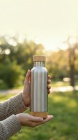Hands holding stainless steel water bottle with bamboo cap in sunny park setting promoting eco-friendly hydration and sustainable lifestyle choices.