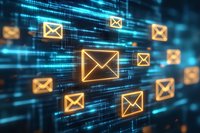Glowing yellow email icons floating on digital blue matrix background with streaming data lines, representing electronic communication network.