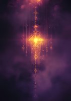 Mystical glowing geometric ornament with golden light emanating through purple cosmic clouds, featuring intricate sacred symbols and vertical light beams.