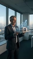 Middle-aged male professional in business suit holding tablet with augmented reality real estate and financial growth visualization in modern high-rise office overlooking cityscape.