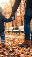 Father and child holding hands walking through autumn park with golden sunlight and fallen leaves creating warm family bonding moment outdoors.