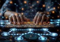 African American hands typing on keyboard with digital cloud computing icons and network connections floating above in glowing tech environment.